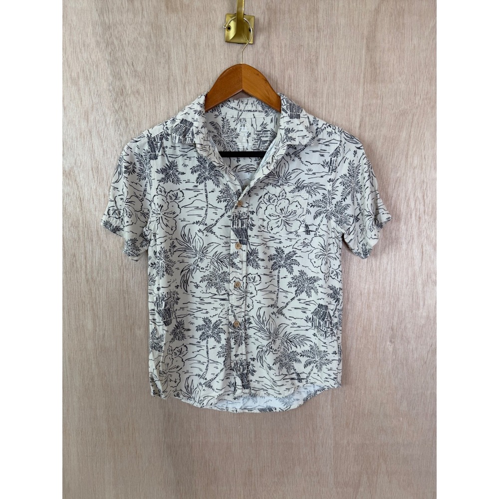 Wonder Nation Boys Cream Navy Tropical Palm Tree Graphic Button Down Shirt Sz 8